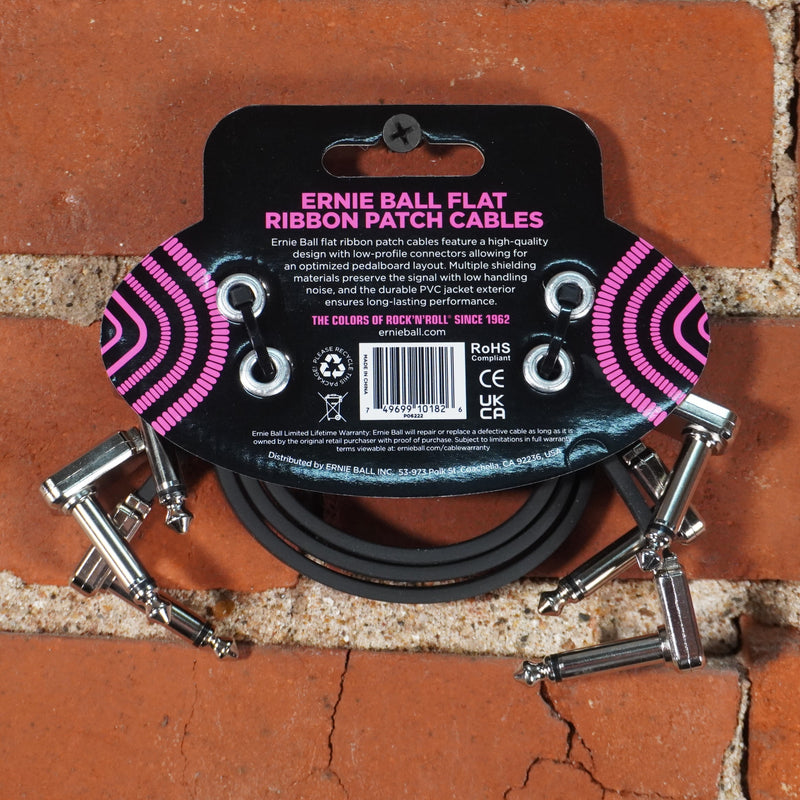 Ernie Ball Flat Ribbon Patch Cable 12" Black 3 -Pack
